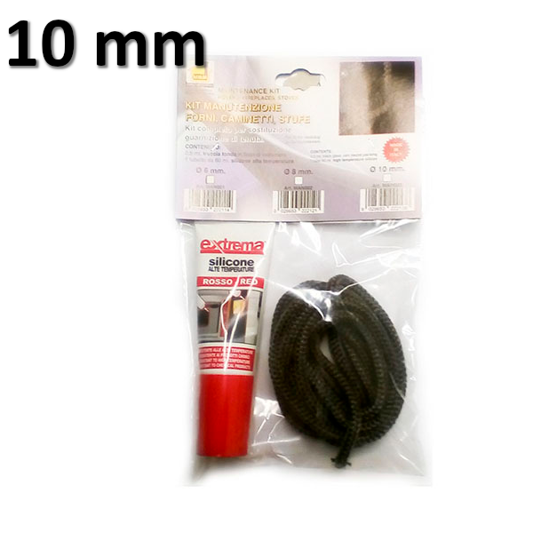 Pellet stove chimney door glass gasket kit 10 mm. 2.5 m + 60 ml HT silicone. Round braid