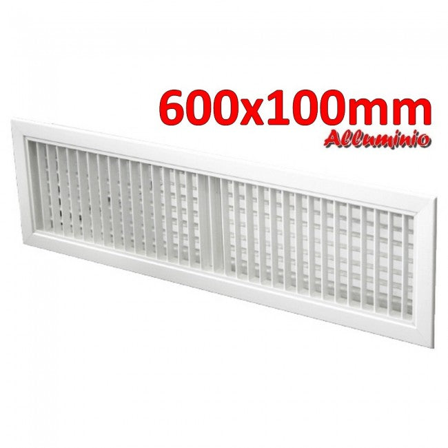 Buse de sortie d'air en aluminium blanc - 600 x 100 mm avec double rangée d'ailettes mobiles