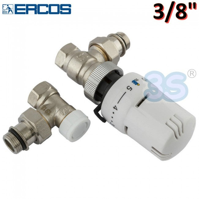 Vanne d'angle et vanne d'arrêt Ercos avec tête thermostatique 3/8'', raccord en fer