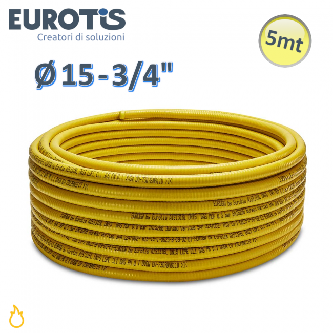 Tuyau ondulé Ø 15 - 3/4'' - 0,30 mm - 5 m, formable, en acier inoxydable jaune CSST pour gaz LDPE - Eurotis