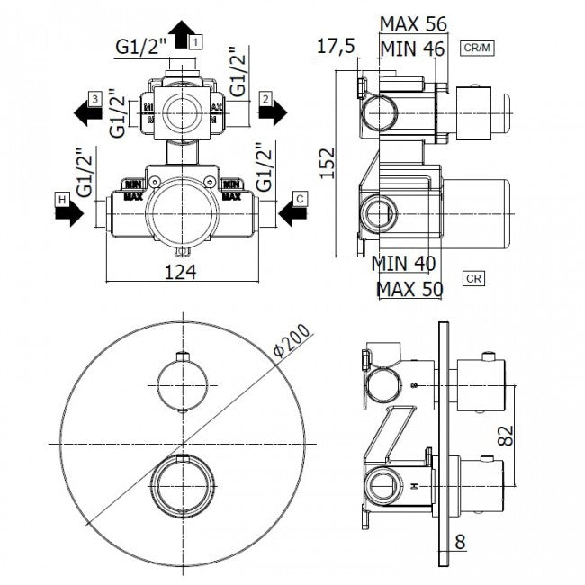 Mitigeur thermostatique de douche intégré avec inverseur 3 voies - LIQ019 CR LIGHT Paffoni, plaque ronde