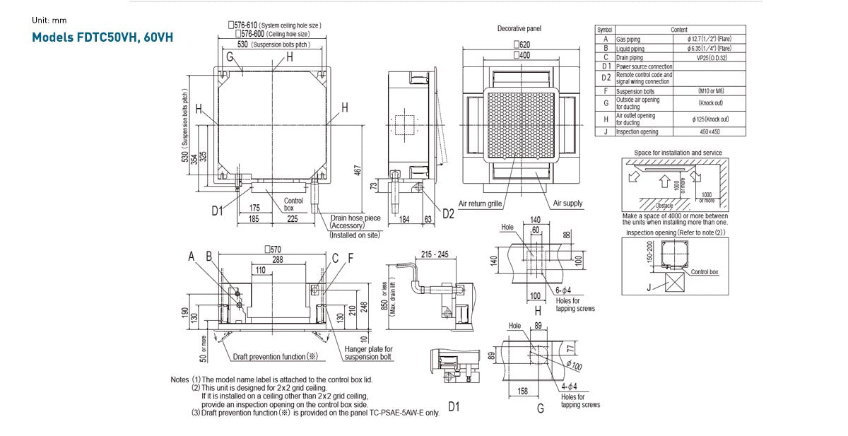 Plan coté cassette Mitsubishi Heavy Industries FDTC50VH / FDTC60VH