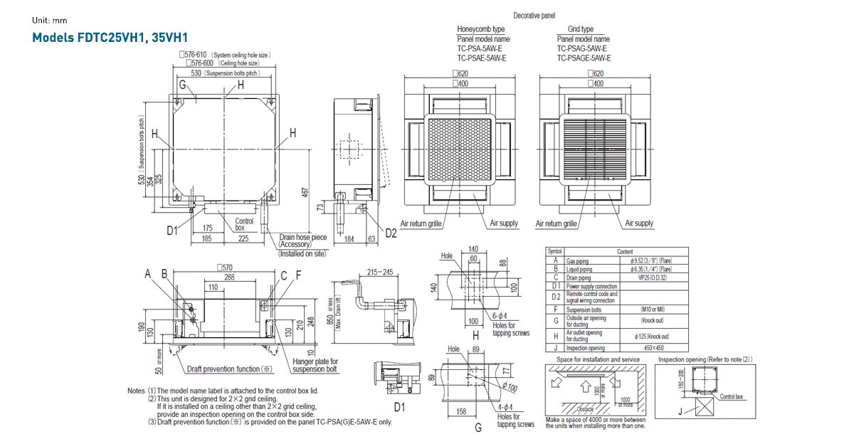Plan coté cassette Mitsubishi Heavy Industries FDTC25VH1 / FDTC35VH1
