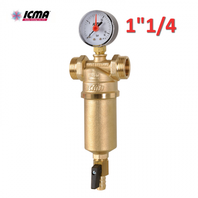 Filtre à eau autonettoyant en laiton ICMA - 1''1/4" avec raccords M-M, manomètre et robinet de vidange