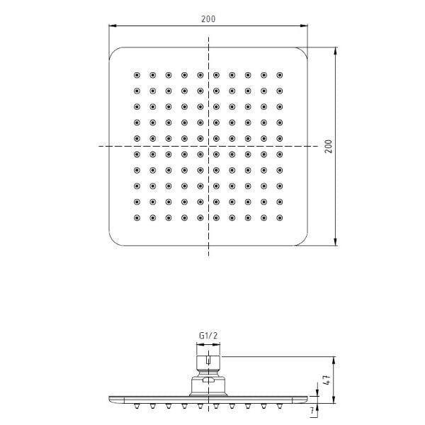 Pommeau de douche carré ultra-mince Ponsi 20x20 cm en acier inoxydable