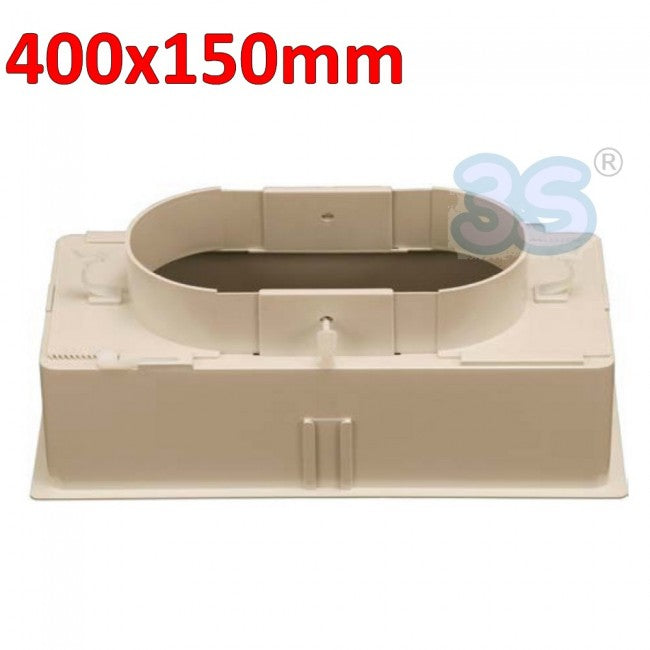 Plénum 400 x 150 mm en ABS avec raccord réglable de Ø 160 à Ø 250 mm et amortisseur