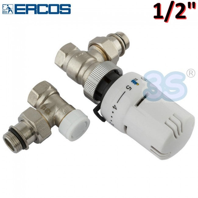 Vanne d'angle et vanne d'arrêt Ercos avec tête thermostatique 1/2'', raccord en fer