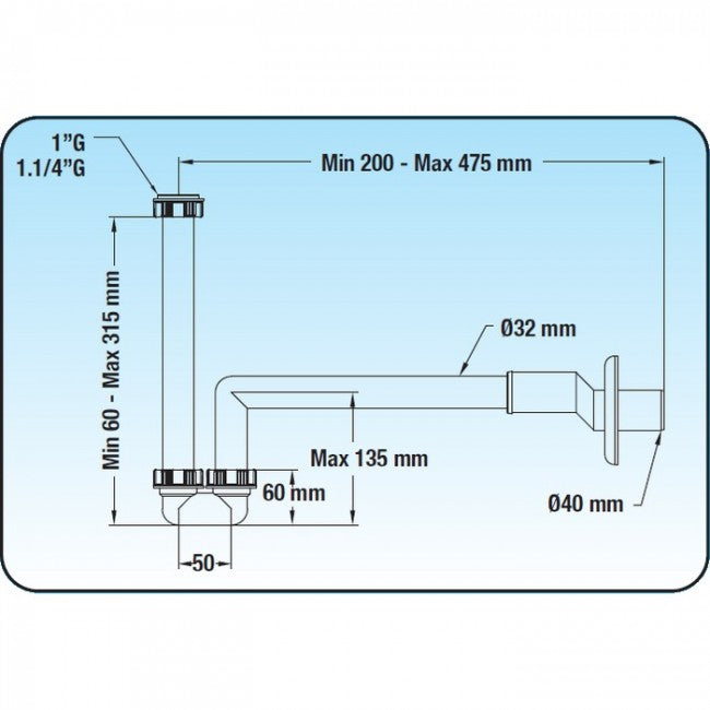 Siphon gain de place LIRA bidet 1'' et 1''Raccord 1/4