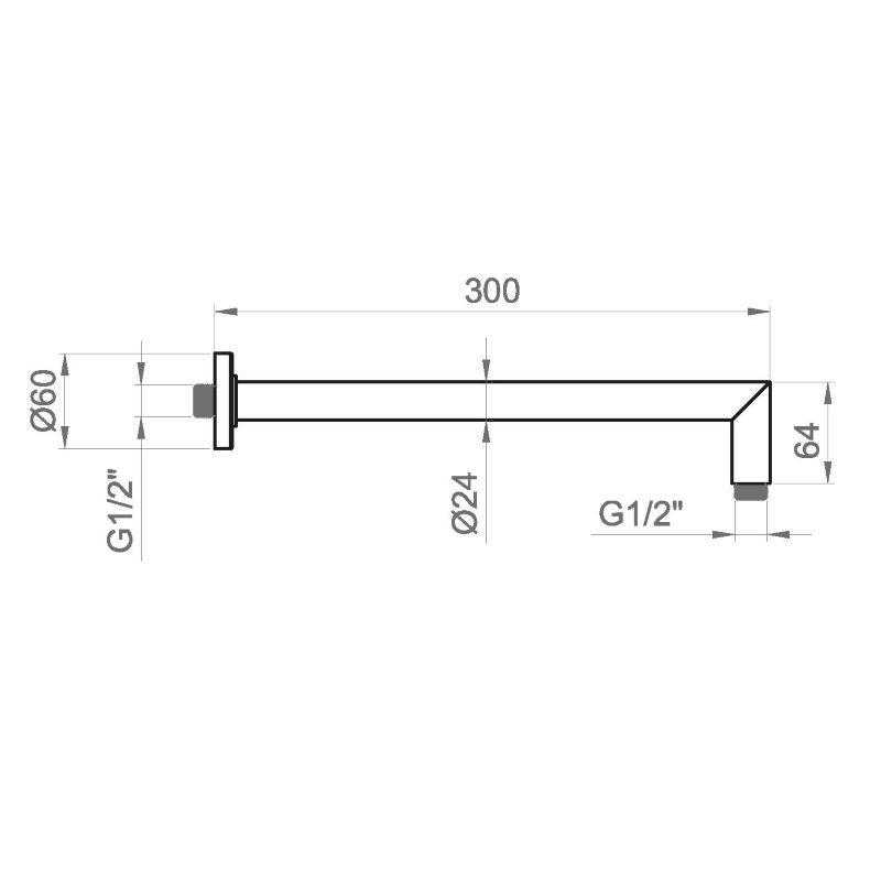 Bras de douche rond, 300 mm de long, en laiton chromé - Ponsi