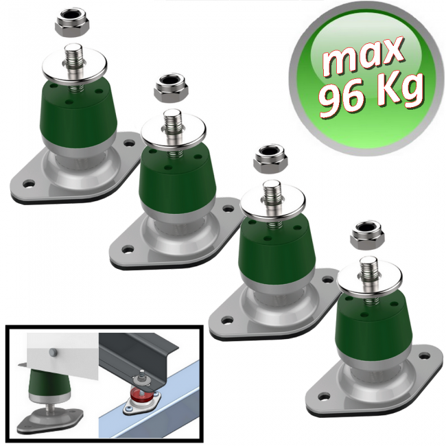 Tapis anti-vibrations Megol avec base réglable en hauteur, charge maximale 96 kg. Couleur verte - Lot de 4