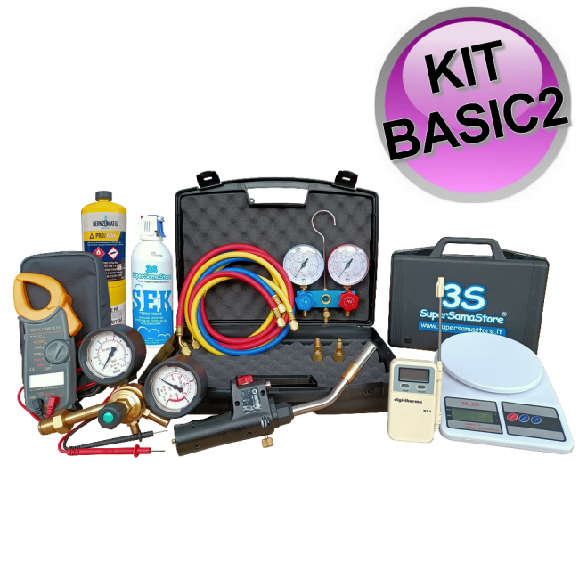 Kit d'équipement de base pour licence 2 comprenant une balance, un testeur ampérométrique, un détecteur de fuites, un thermomètre, une lampe torche et un jeu de manomètres.
