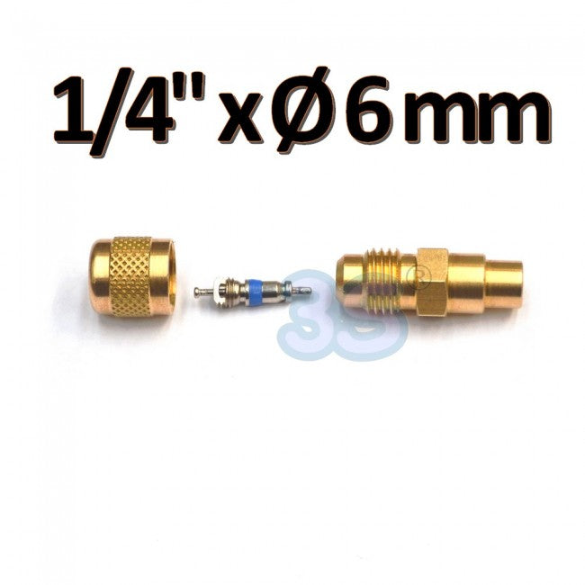 Raccord droit en laiton 1/4'' SAE x Ø 6 mm ODS avec valve et bouchon à emboîter