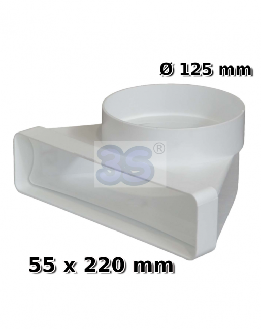 Coude en plastique à 90° pour conduit d'air circulaire rectangulaire 55 x 220 mm - Ø 125 mm pour hotte de cuisine VMC