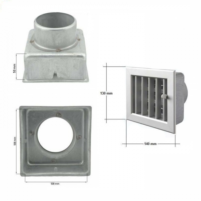 Ventilation grille 14x13cm aluminum with D.80 adapter - adjustable fireplace grille