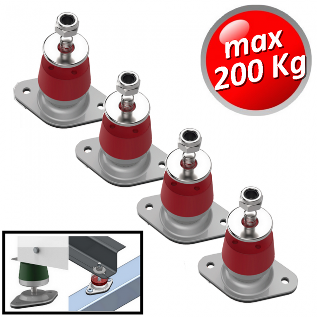 Amortisseur de vibrations Megol avec base réglable en hauteur, capacité maximale 200Kg. Couleur rouge - 4 pièces