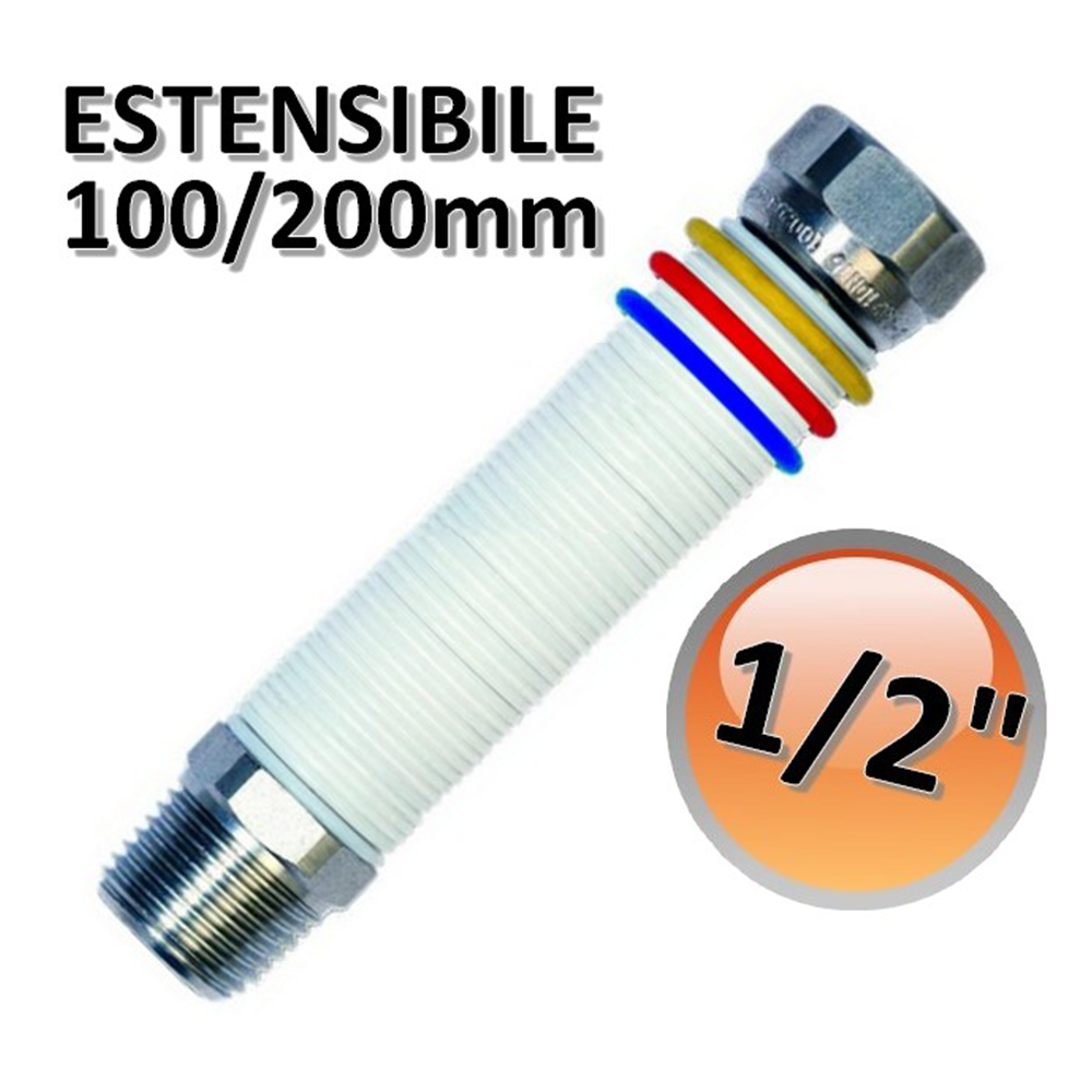 Flexible stainless steel hose 1/2'' extendable 100/200 mm - for water and gas