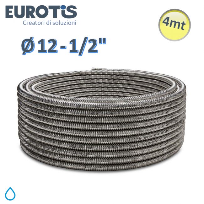 Tuyau ondulé Ø 12 - 1/2'' - 0,30 mm - L. 4 m en CSST malléable en acier inoxydable AISI 304 pour eau chaude et froide - Eurotis