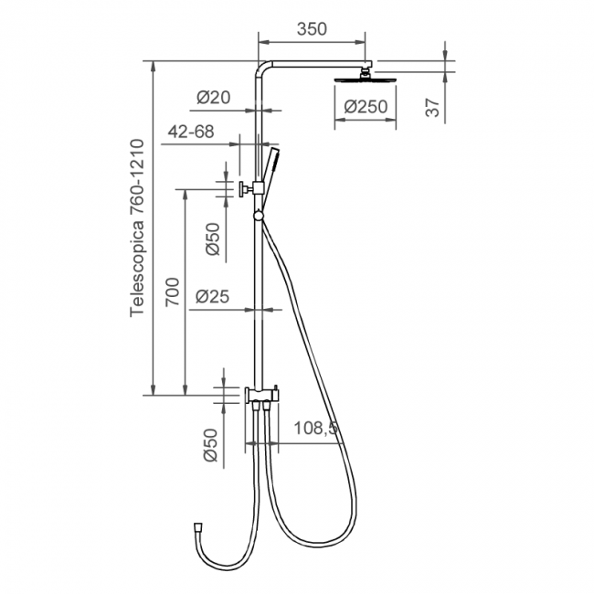 Barre de douche télescopique PONSI ROUND-T pour sorties d'eau extérieures avec inverseur à 2 voies en disques céramiques