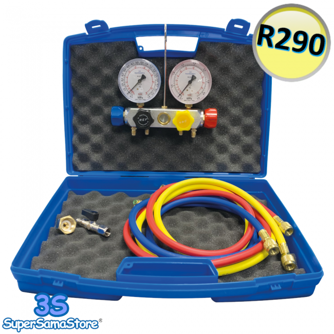 Manomètre 4 voies pour gaz R290, complet avec tuyaux flexibles SAE 1/4'' et réducteurs pour bouteille de 12 L