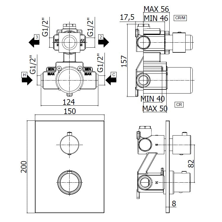 Built-in thermostatic shower mixer with 2-way diverter - LIQ518 CR LIGHT Paffoni rectangular plate