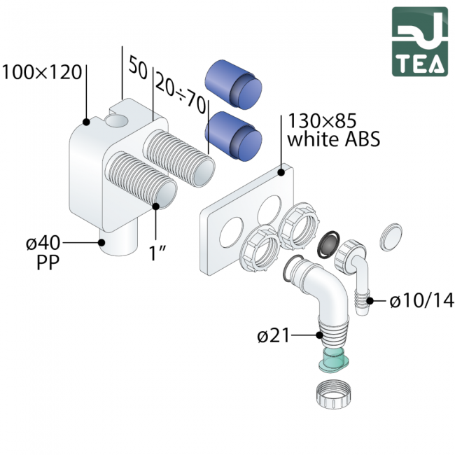 Siphon double intégré Dexa 2 en PP pour lave-linge et sèche-linge ou évacuation des condensats