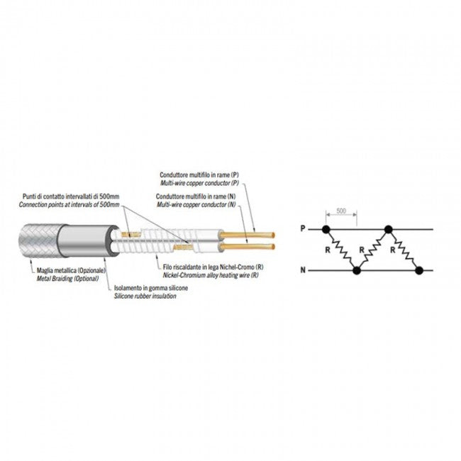 30 W/m constant wattage heating cable, 3.5 mm diameter, for LV switchgear doors, 1 m long.