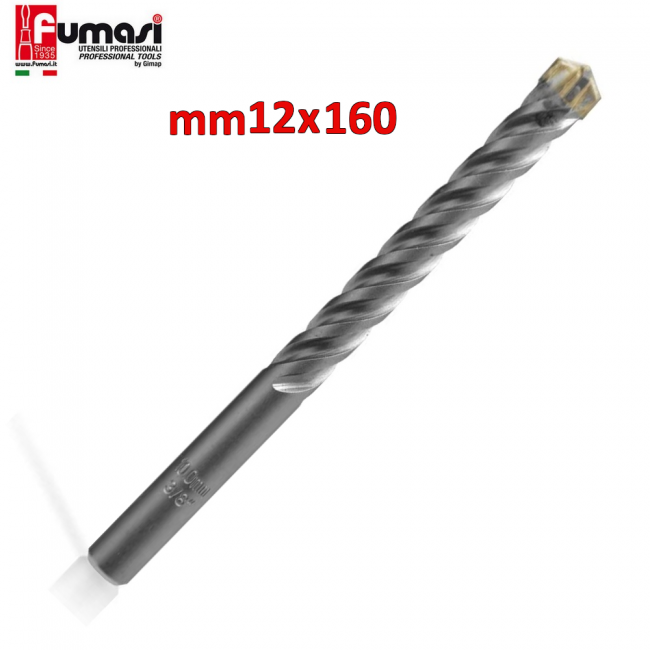 Foret à percussion SDS-PLUS 12 mm x 160 mm pour béton et maçonnerie, avec 4 dents de coupe et 4 spirales