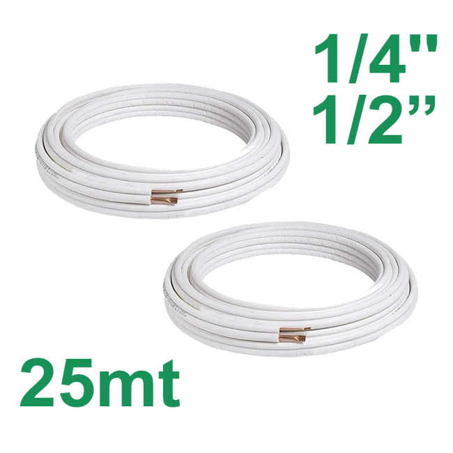 25 m de tuyaux en cuivre isolés, de 1/4'' et 1/2'', pour la climatisation.