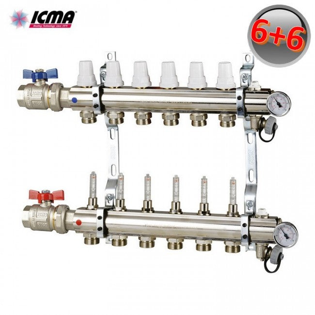 ICMA K023 Manifold with 6 1'' brass heating connections with valves and flow meters