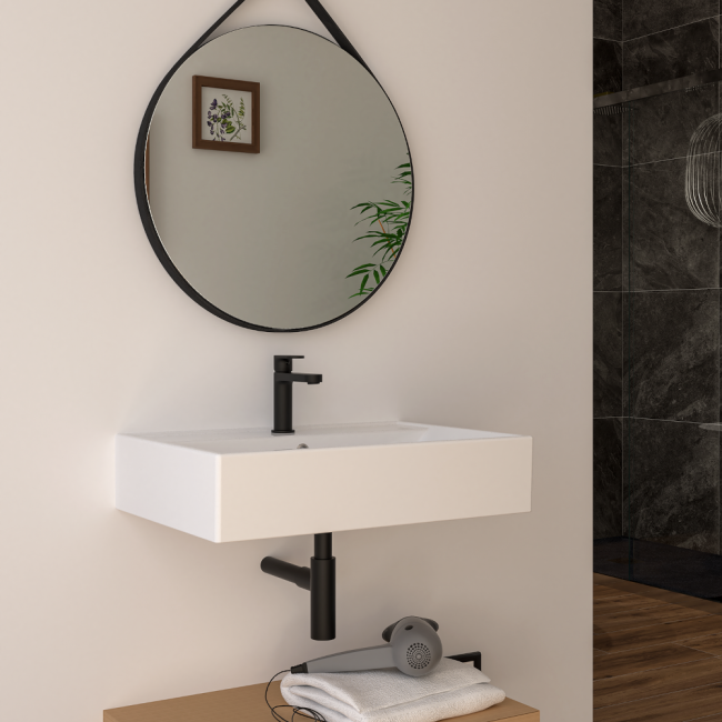 Lavabo mural rectangulaire en céramique avec trop-plein CUBA - Dimensions 60 x 42 x (H) 15 cm - PONSI