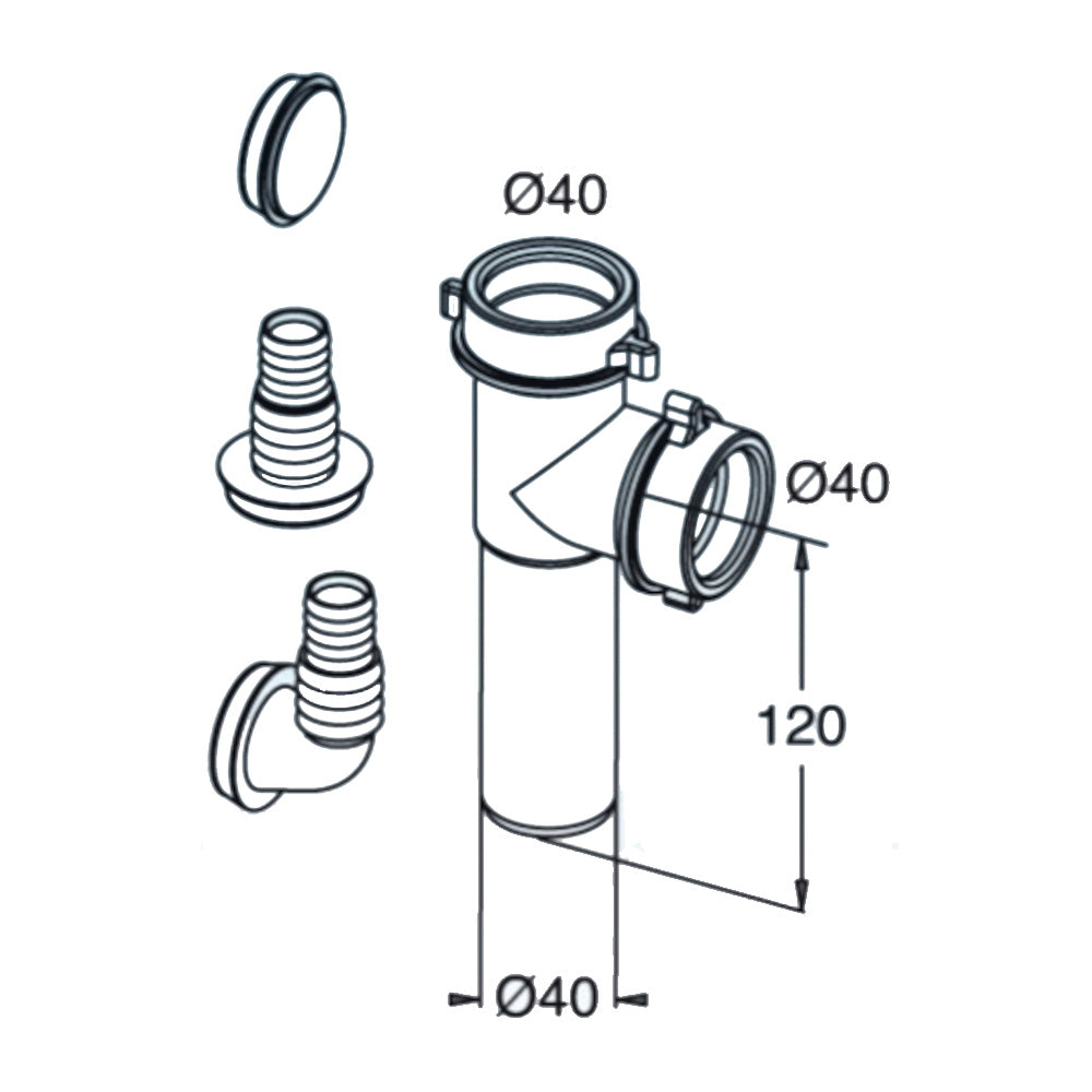 Raccord de siphon d'évier à 2 voies Ø 40 pour lave-vaisselle 120 mm
