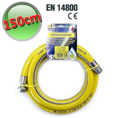 Flexible stainless steel hose for methane gas M - F - 150 cm according to UNI EN 14800