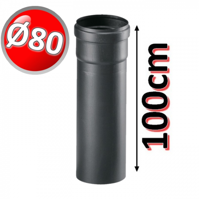 Tuyau linéaire de 100 cm en PP noir Ø 80 mm pour les gaz de combustion des chaudières à condensation