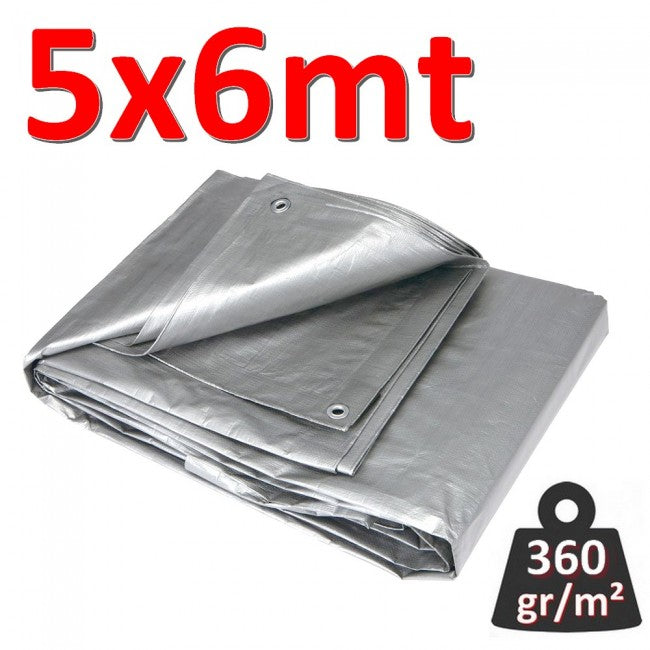 Bâche imperméable à œillets, 5 x 6 m, GRIS - 360 g/m²