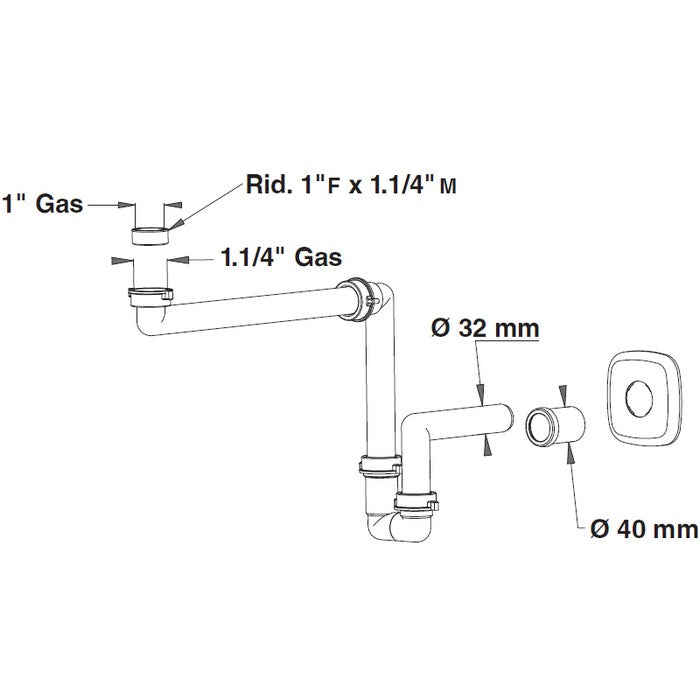 Siphon de salle de bain LIRA compact pour lavabos avec raccords de 1" et 1"1/4".
