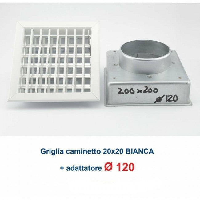 Adjustable white ventilation grille 20x20cm with D.120 adapter for fireplaces