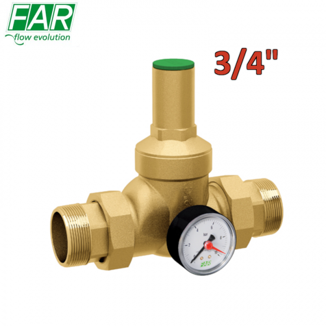 2805 - Réducteur de pression jaune 3/4'' avec raccords mâle-mâle et manomètre inclus - FAR