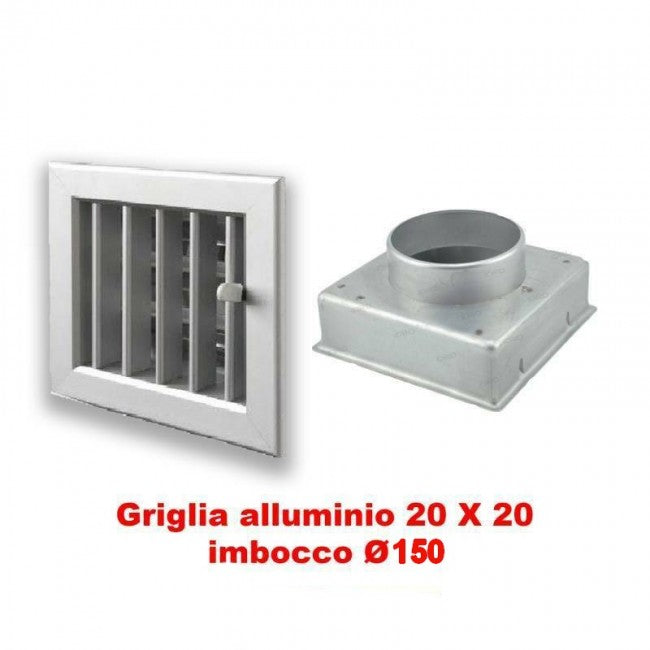 Ventilation grill 20x20 cm Adjustable ALUMINIUM grille with D.150 adapter for chimneys