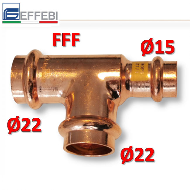 Raccord en T réduit FFF Ø 22x22x15 mm - UNICO cuivre à sertir pour eau et gaz