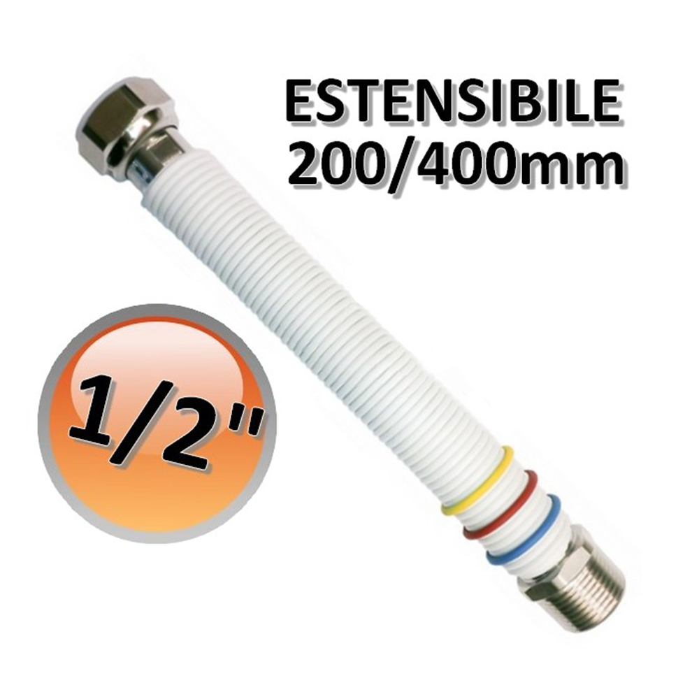 Extendable 1/2'' flexible steel hose 200/400 mm - for water and gas