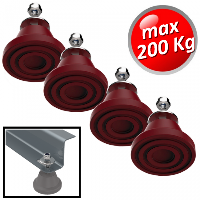 Support anti-vibrations au sol Megol, charge maximale 200 kg. Couleur rouge - Lot de 4