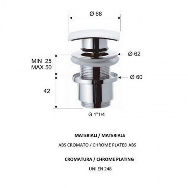 Bonde carrée automatique de 32 mm (1 1/4 po), à clapet, sans trop-plein, modèle avec verre court