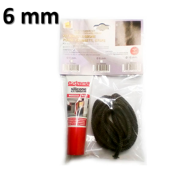 Pellet stove fireplace door glass seal kit 6 mm. 2.5 m + HT silicone 60 ml. round braid
