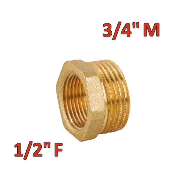 Réduction hexagonale en laiton avec raccord mâle 3/4'' x femelle 1/2''