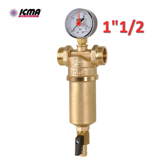Filtre autonettoyant en laiton ICMA - 1''1/2" pour eau F-F, manomètre et robinet de vidange