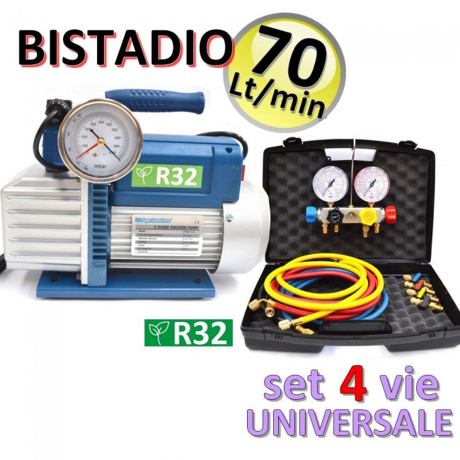 Pompe à vide bi-étagée 70 L, compatible R32 + manomètre universel 4 voies