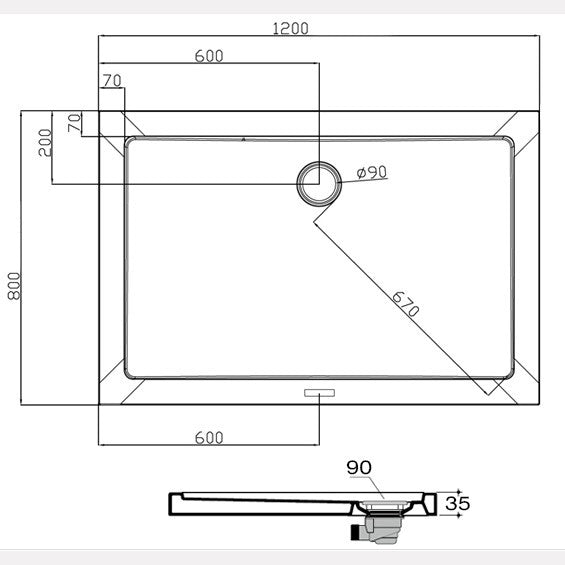 Receveur de douche rectangulaire en acrylique 80 x 120 cm - épaisseur ultra-plate 3,5 cm