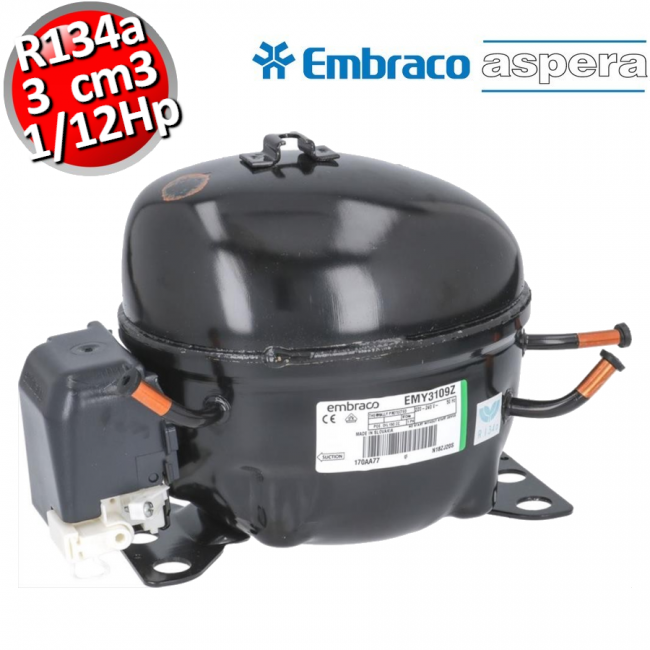 Compresseur de gaz hermétique R134A - 1/12 CV - 3 cm³ - Embraco Aspera EMY3109Z