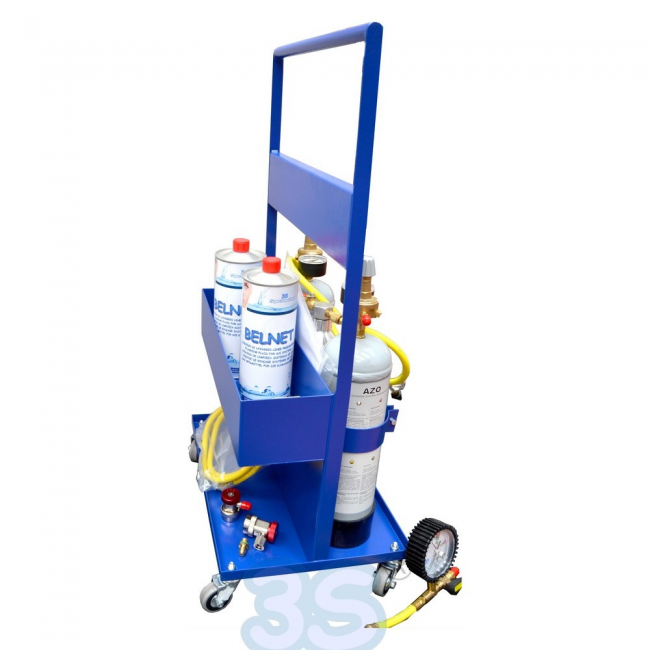 Chariot de service pour le lavage et la détection des fuites de gaz réfrigérant avec de l'azohydrogène + 2 bouteilles Belnet de 1 litre