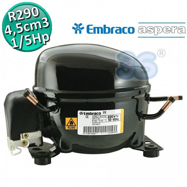 Compresseur de gaz R290 LBP 1/5 CV 4,5 cm3 Embraco Aspera EMT2117U